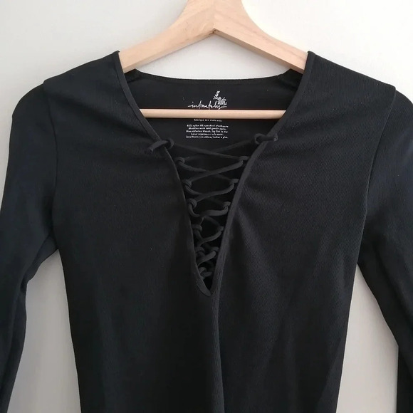 Free People Intimately Free Black Ribbed Lace  Up Neck Long Sleeve Top M/L - Picture 4 of 12